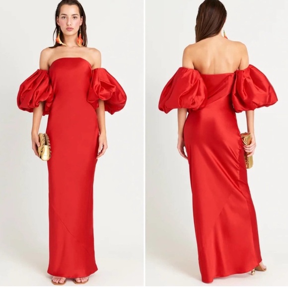 cult gaia Dresses & Skirts - Cult Gaia Shanti Red Silk Puff Off Shoulder Column Maxi Dress/Gown Size 0